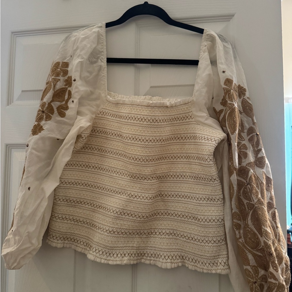 Anthropologie Cream and Brown Embroidered Blouse